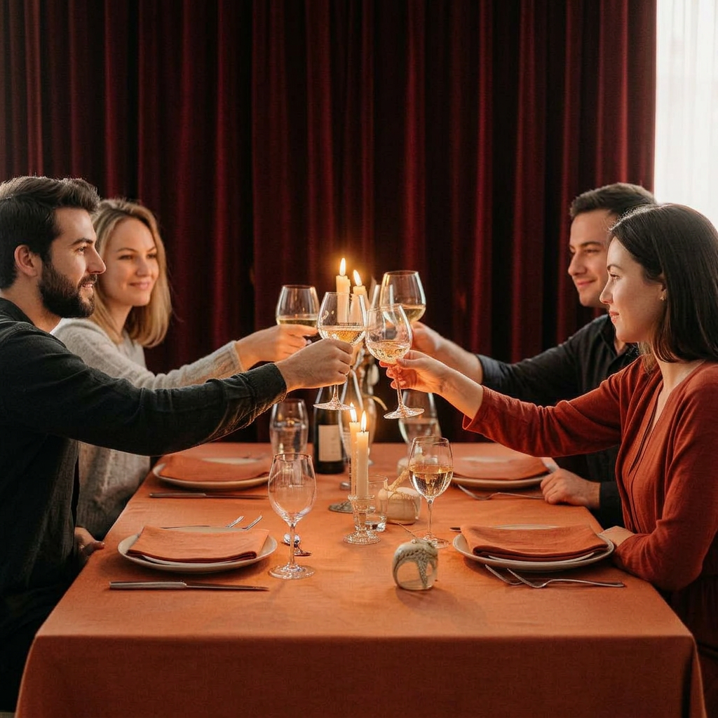 A candlelit Set & Social table mid-toast