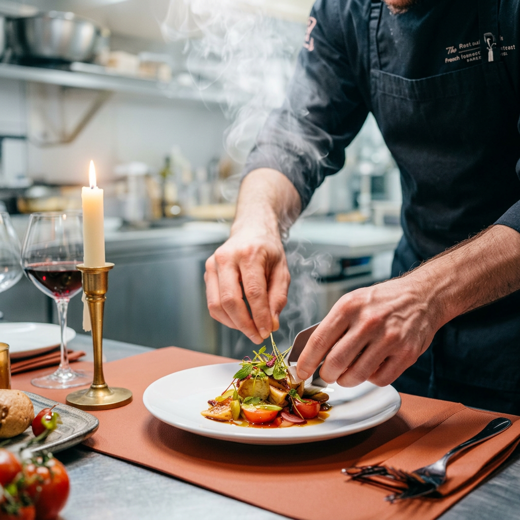 A chef plating a course at a private dinner